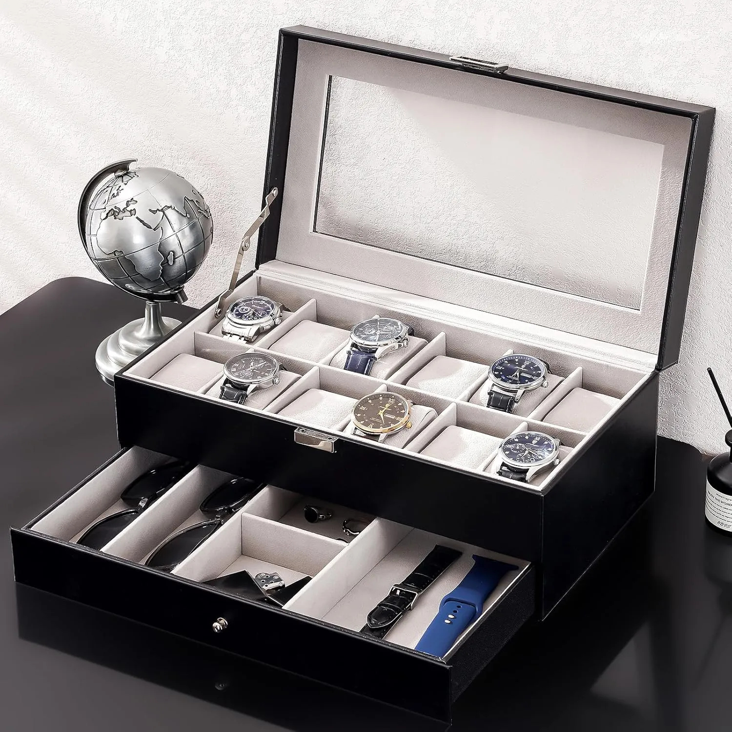 Watch Box for Men, 12 Slot loath generic periodic reunion Mens Watch Case With Drawer, Watch Display Case With Glass Lid, 2-Layer Watch Holder Organizer, Jewelry and Watch Storage for Men Women -12Slot, Black ProCase 