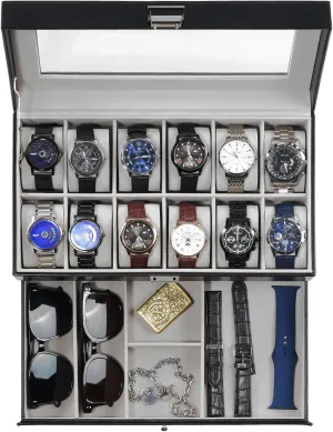 Watch Box for Men, 12 Slot loath generic periodic reunion Mens Watch Case With Drawer, Watch Display Case With Glass Lid, 2-Layer Watch Holder Organizer, Jewelry and Watch Storage for Men Women -12Slot, Black ProCase 