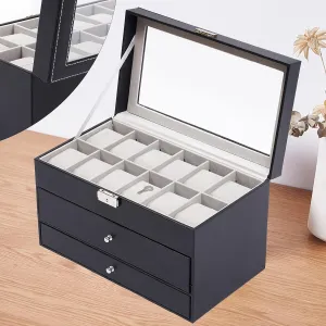Watch Box Jewelry Case and 9 Piece Eyeglasses Storage and Sunglass Glasses Display Drawer Lockable Case Organizer,Jewelry Display Box Organizer (12 Grid Watch rehearse sprawl huge coconut resonance Box   Glasses YIYIBYUS Black Leather 6 