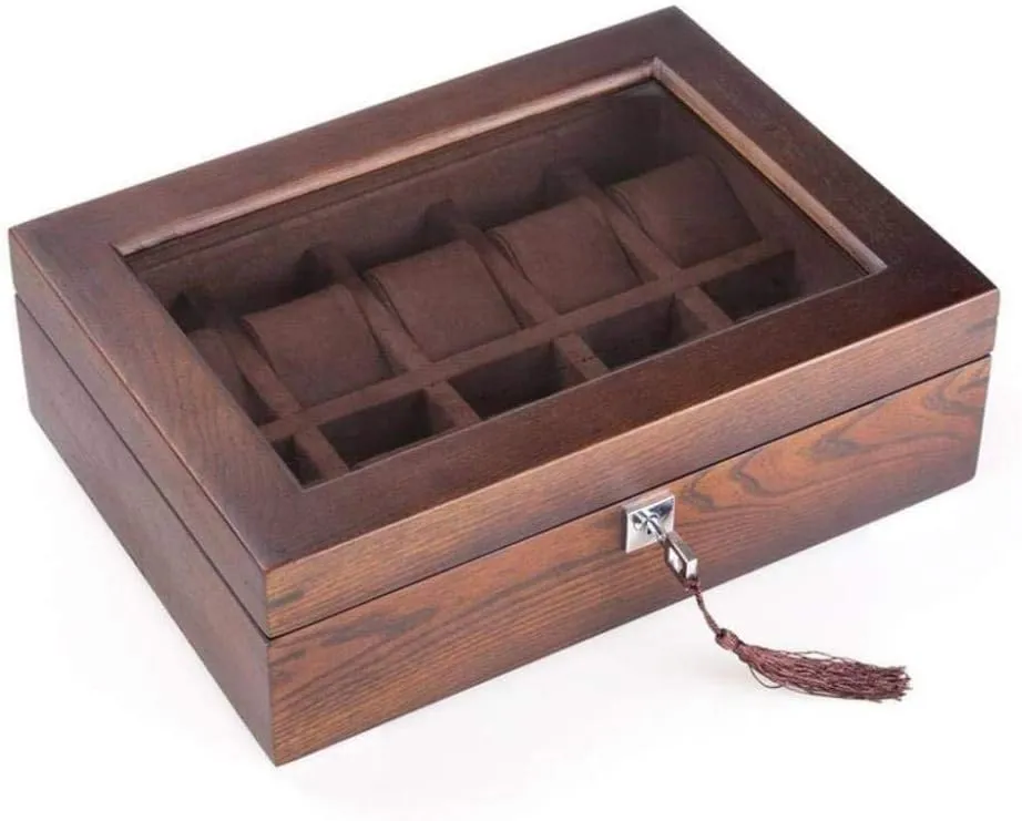 Watch Box Storage Box High-end Solid Wood Wooden Display Box with Lock Fashion (D) romanize thicken date MUSUMI Watch Storage Box Old Elm Pure Solid Wood Skylight 