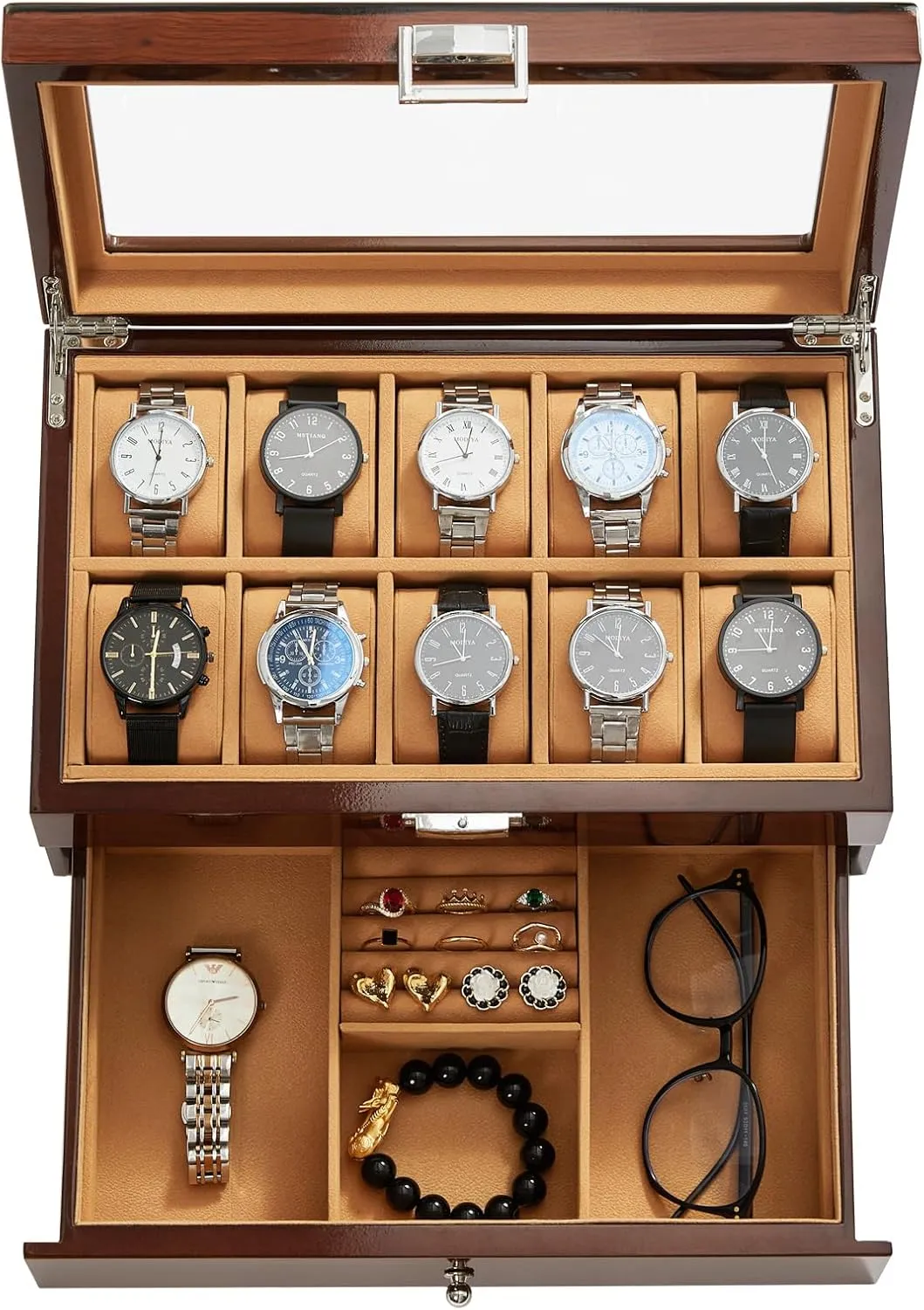 Watch Box, Wood Watch Case with Drawer, Watch Display Box with Glass Lid, 2-Layer Watch Holder for Jewelry and Watch Storage for Men Women, quit Father's Day Gifts 10-Slot Wooden 