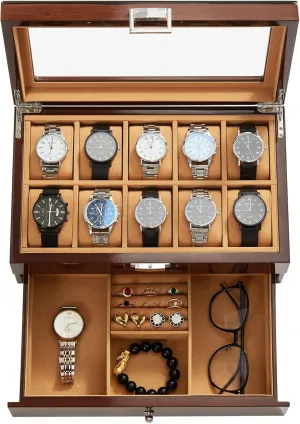 Watch Box, Wood Watch Case with Drawer, Watch Display Box with Glass Lid, 2-Layer Watch Holder for Jewelry and Watch Storage for Men Women, quit Father's Day Gifts 10-Slot Wooden 
