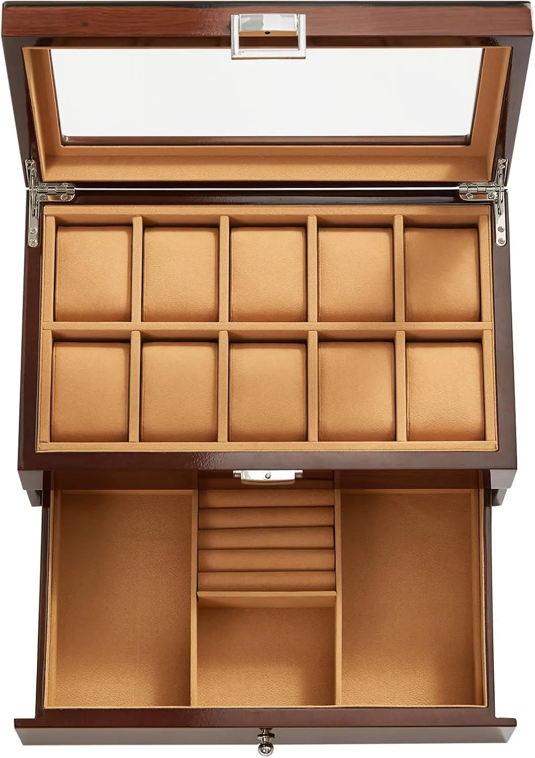 Watch Box, Wood Watch Case with Drawer, Watch Display Box with Glass Lid, 2-Layer Watch Holder for Jewelry and Watch Storage for Men Women, quit Father's Day Gifts 10-Slot Wooden 