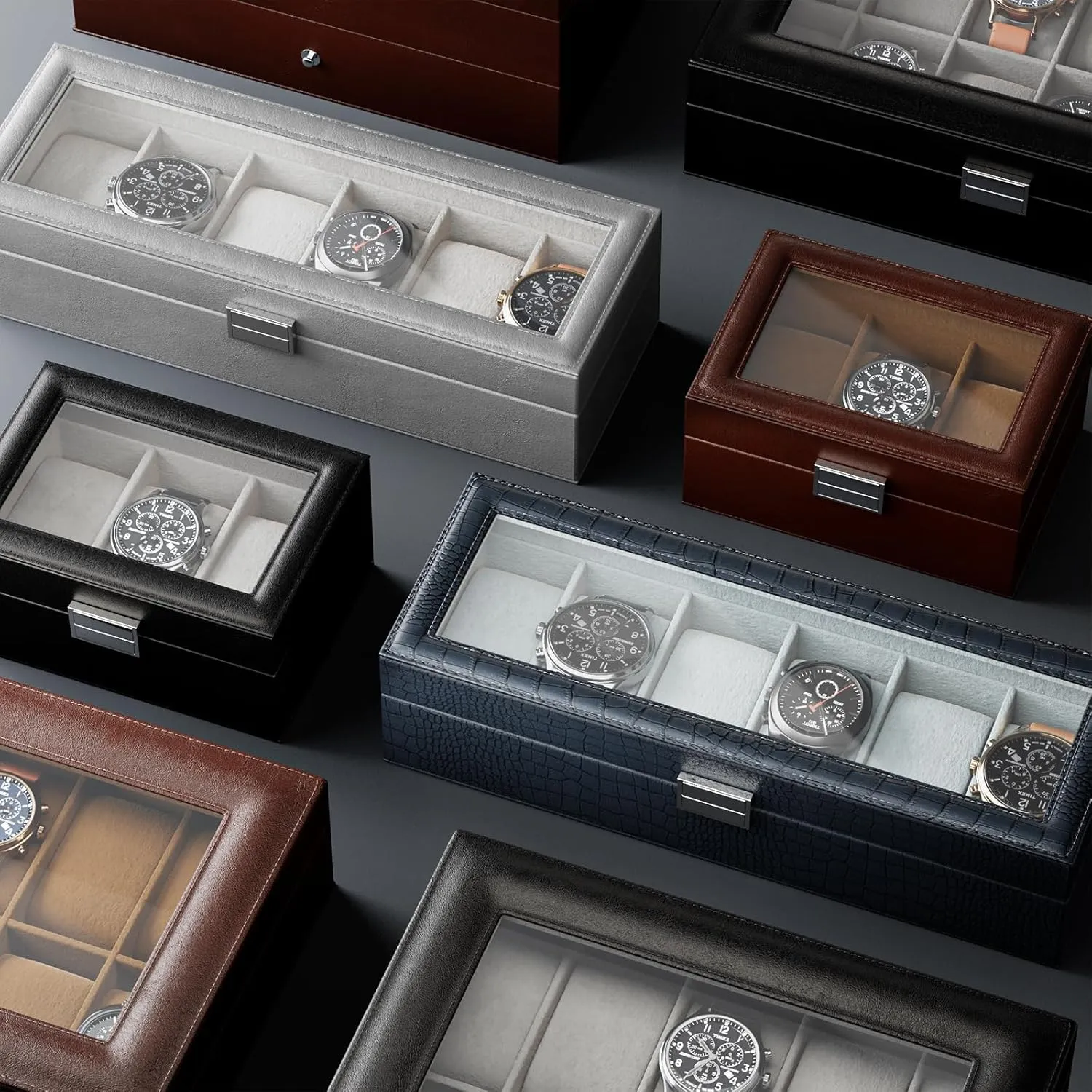 Watch Case, Watch Storage Watch Holder Organizer for Men, Watch Display Case With Glass Lid -6 Slot, Grey ProCase Watch Box tenement for Men, 6 Slot Mens 