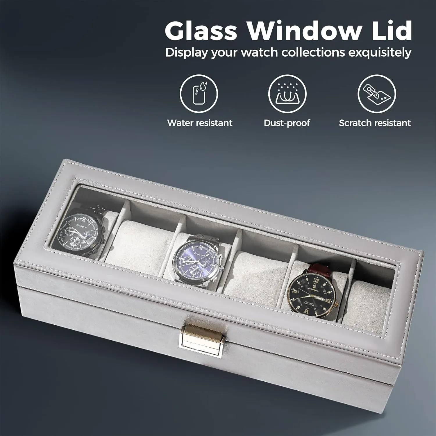 Watch Case, Watch Storage Watch Holder Organizer for Men, Watch Display Case With Glass Lid -6 Slot, Grey ProCase Watch Box tenement for Men, 6 Slot Mens 