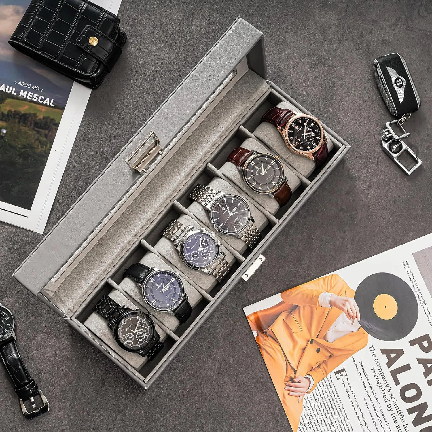 Watch Case, Watch Storage Watch Holder Organizer for Men, Watch Display Case With Glass Lid -6 Slot, Grey ProCase Watch Box tenement for Men, 6 Slot Mens 