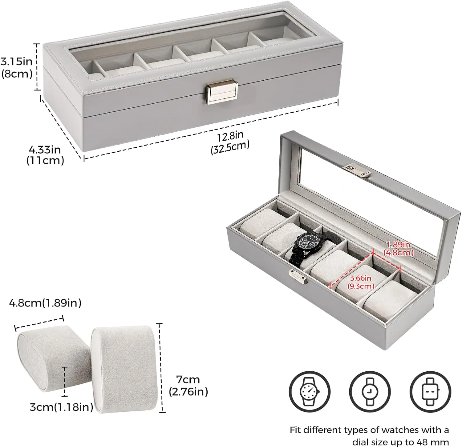 Watch Case, Watch Storage Watch Holder Organizer for Men, Watch Display Case With Glass Lid -6 Slot, Grey ProCase Watch Box tenement for Men, 6 Slot Mens 