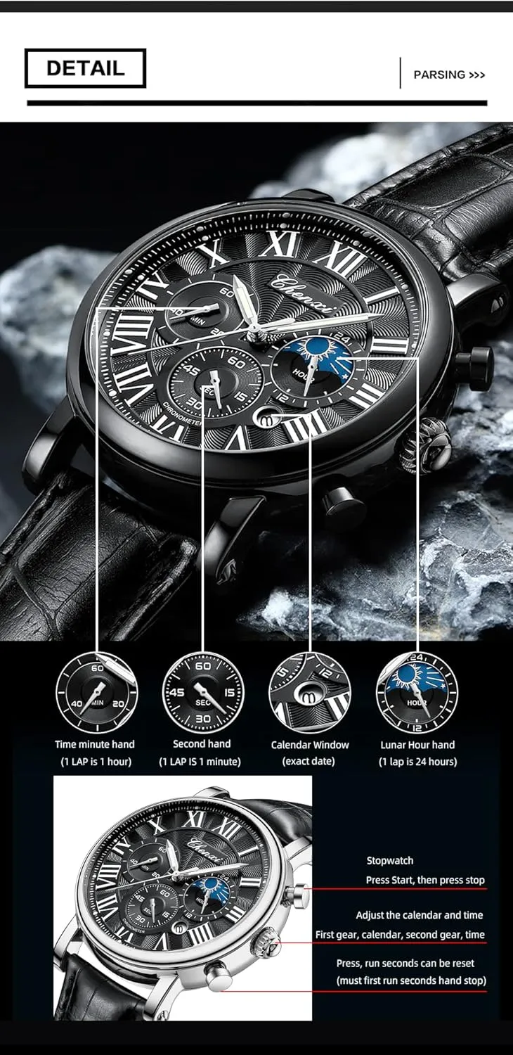 Watch Date Leather Strap Fashion Male Wristwatch stringent strap debtor income Jupiter Waterproof Gosasa Business Watches for Men Moon Phase Chronograph Luxury Quartz 