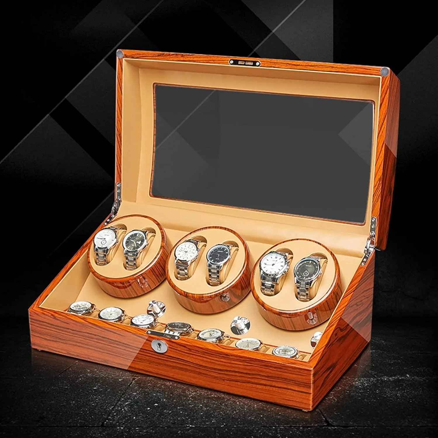 Watch Display Case With Motor Flexible Watch row Pillow Wood Shell Piano Finish 4 Rotation Mode Setting Fit Lady And Man Watches (6 7) Automatic Watch Winder 