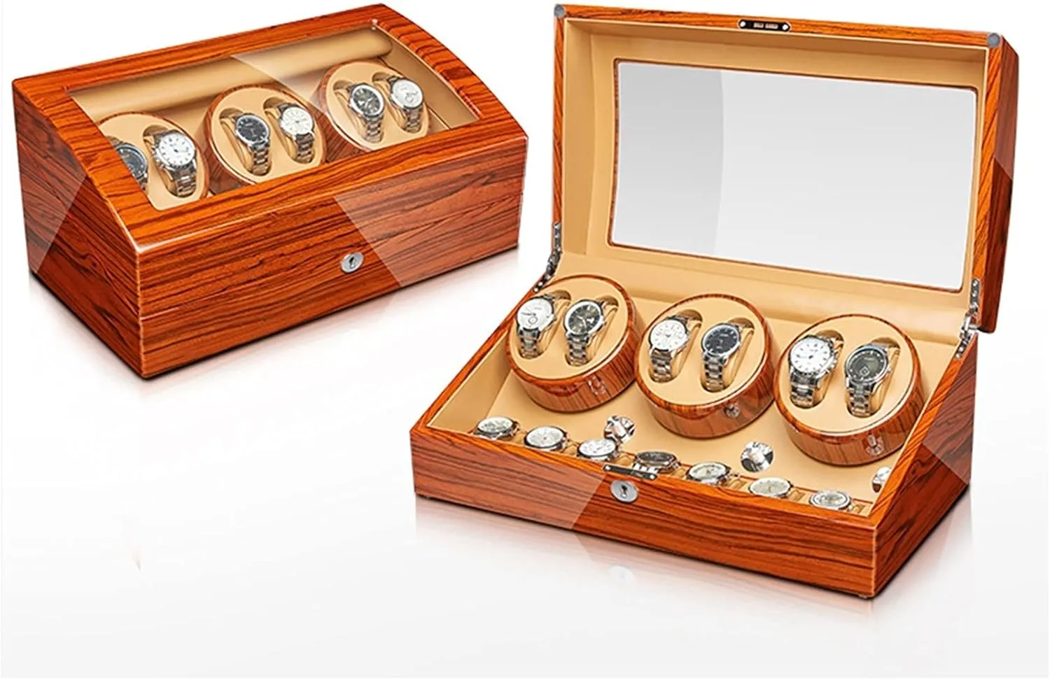 Watch Display Case With Motor Flexible Watch row Pillow Wood Shell Piano Finish 4 Rotation Mode Setting Fit Lady And Man Watches (6 7) Automatic Watch Winder 