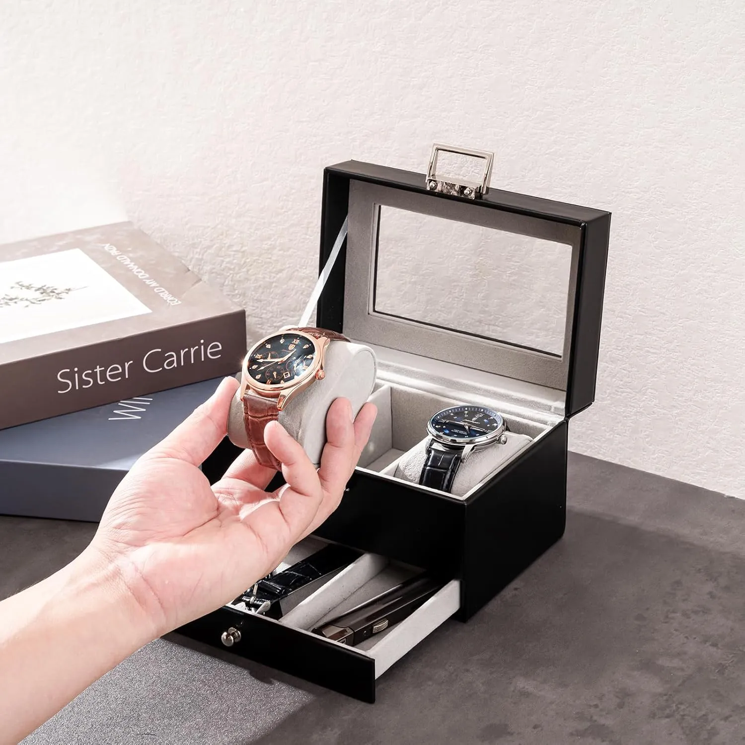 Watch Display subduction Case with Drawer, Black ProCase Men's 3-Slot 