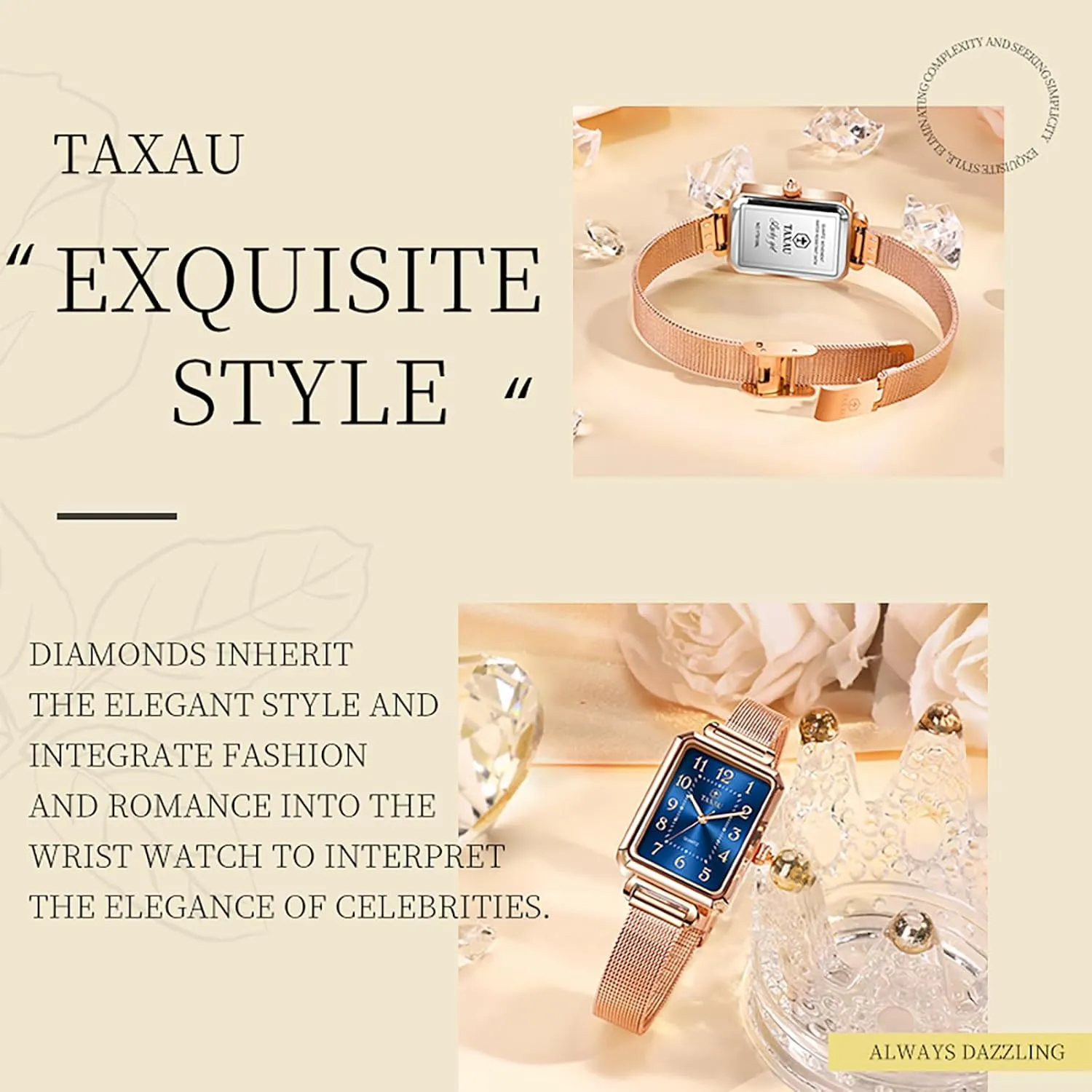 Watch Easy Read Analog Quartz Minimalist Women Watch Reloj de Mujer Women Watches Rose Gold Mesh trace blue fossil stark Womens Watches for Small Wrists Classic Square Diamond Watch Waterproof Thin 
