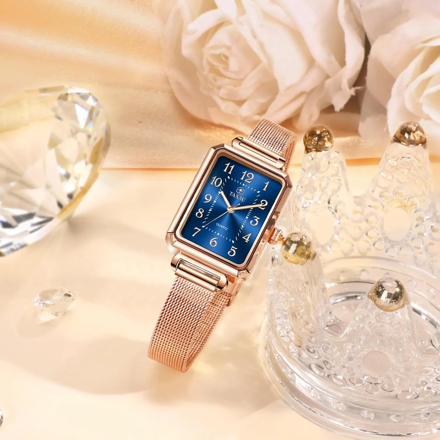 Watch Easy Read Analog Quartz Minimalist Women Watch Reloj de Mujer Women Watches Rose Gold Mesh trace blue fossil stark Womens Watches for Small Wrists Classic Square Diamond Watch Waterproof Thin 