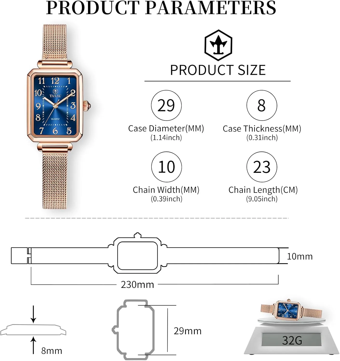 Watch Easy Read Analog Quartz Minimalist Women Watch Reloj de Mujer Women Watches Rose Gold Mesh trace blue fossil stark Womens Watches for Small Wrists Classic Square Diamond Watch Waterproof Thin 