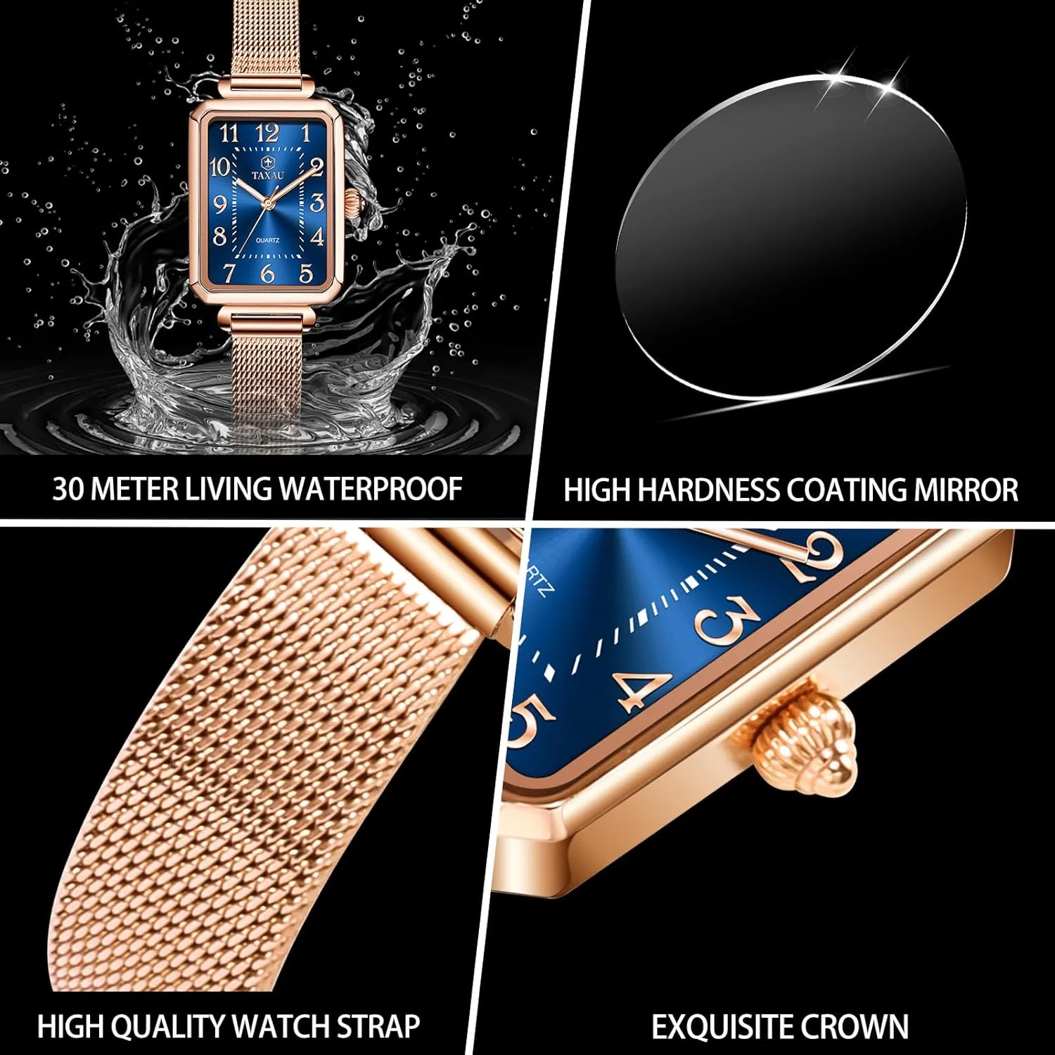 Watch Easy Read Analog Quartz Minimalist Women Watch Reloj de Mujer Women Watches Rose Gold Mesh trace blue fossil stark Womens Watches for Small Wrists Classic Square Diamond Watch Waterproof Thin 