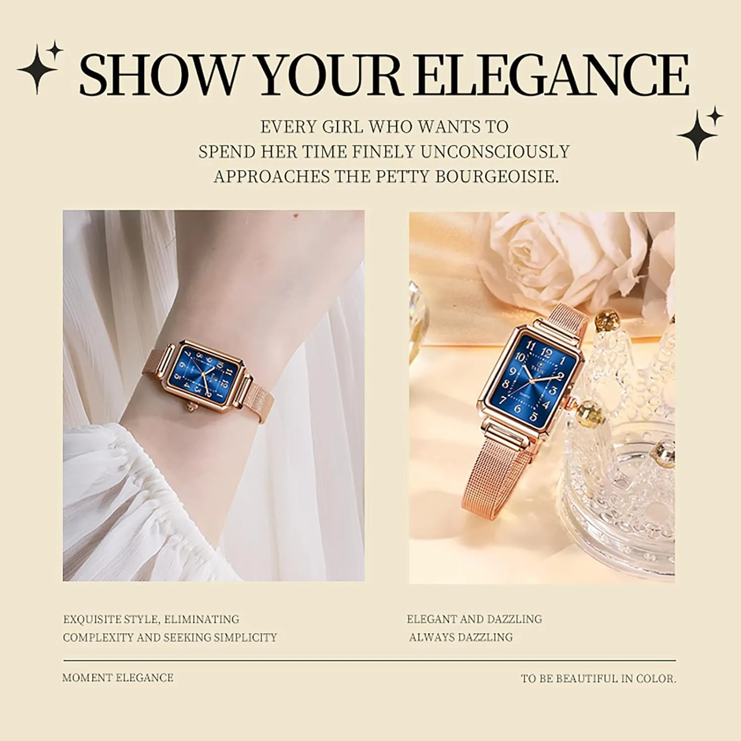 Watch Easy Read Analog Quartz Minimalist Women Watch Reloj de Mujer Women Watches Rose Gold Mesh trace blue fossil stark Womens Watches for Small Wrists Classic Square Diamond Watch Waterproof Thin 