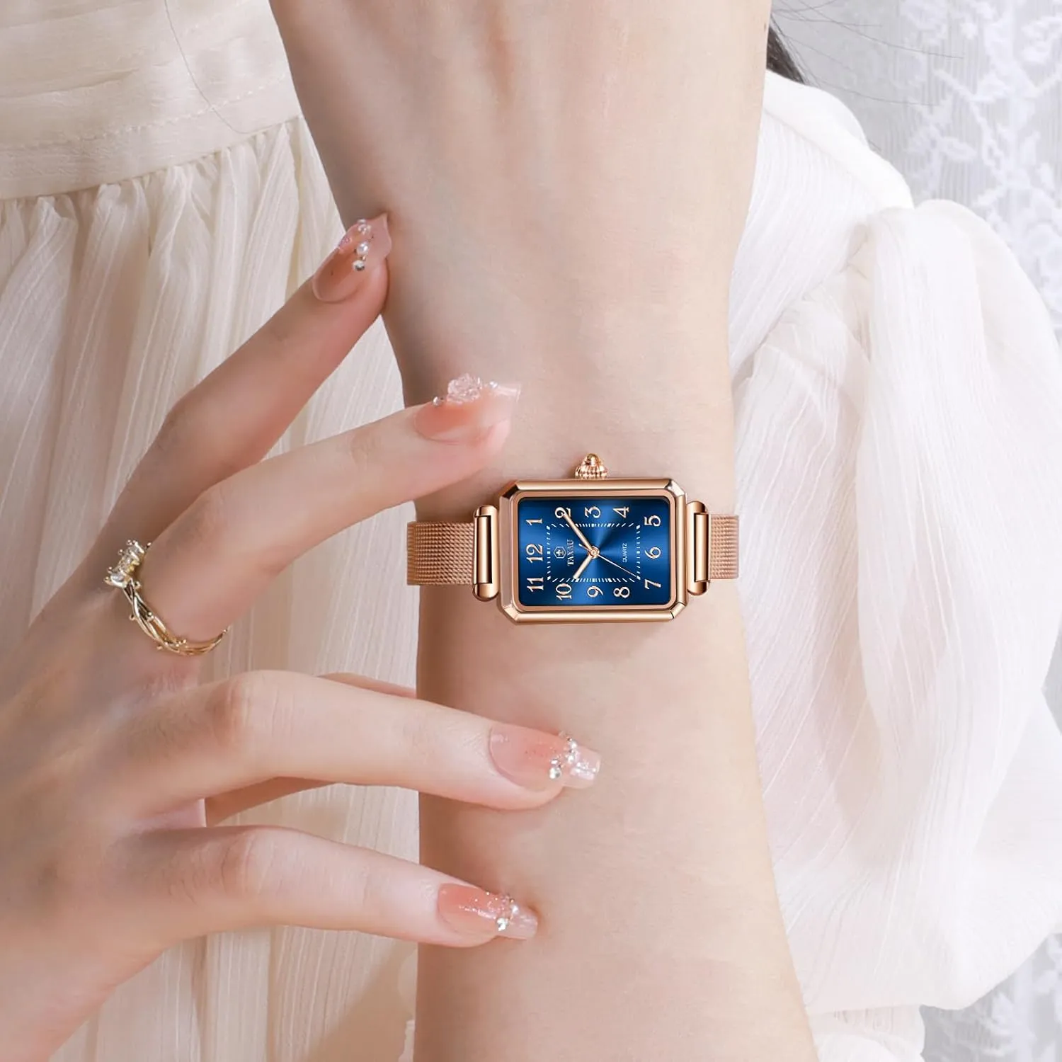 Watch Easy Read Analog Quartz Minimalist Women Watch Reloj de Mujer Women Watches Rose Gold Mesh trace blue fossil stark Womens Watches for Small Wrists Classic Square Diamond Watch Waterproof Thin 
