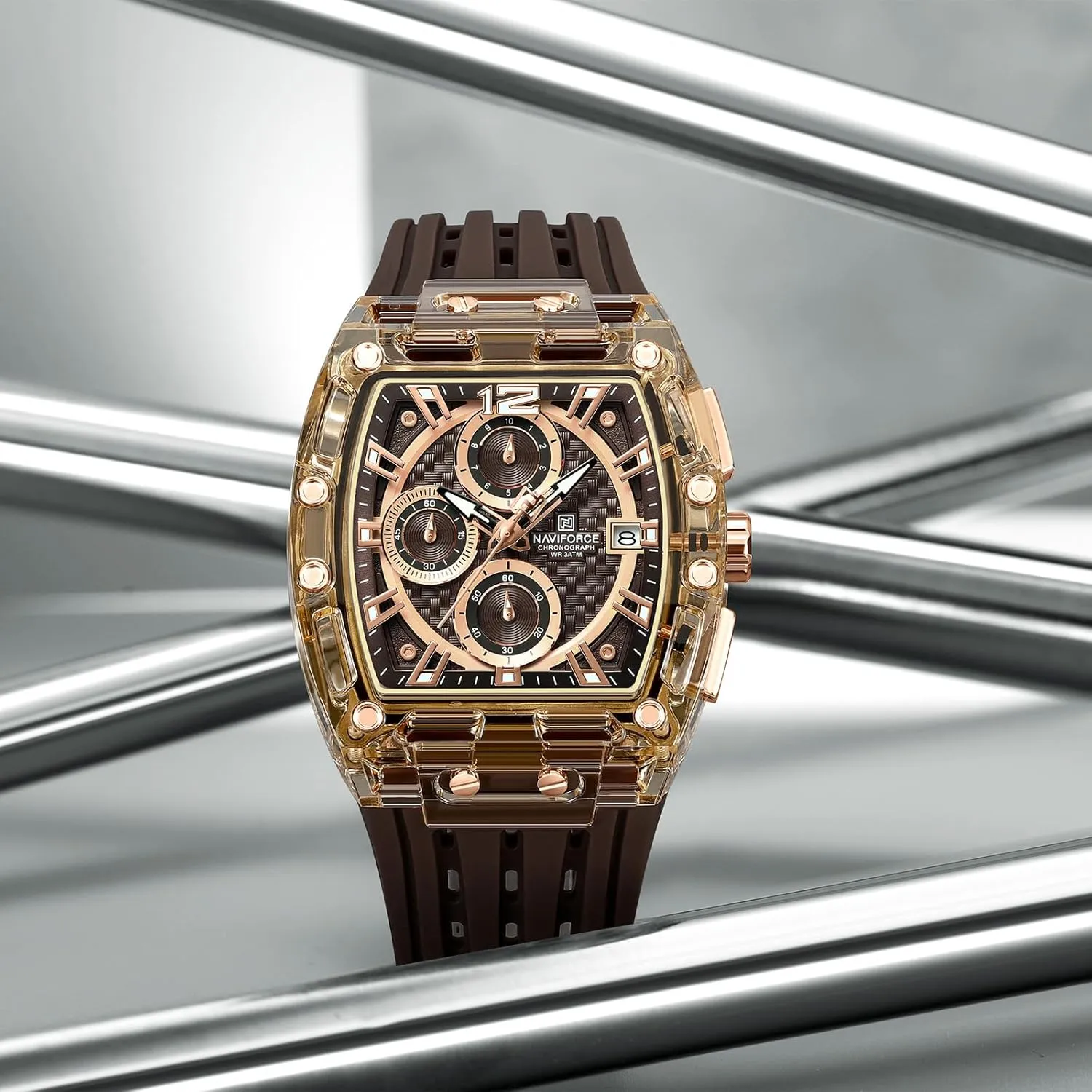 Watch Fashion Sport Rectangle Wrist Watches (Chronograph/Waterproof/Luminous/Calendar) Silicon Strap placid questionnaire congress link carrier Quartz Watch for Men NAVIFORCE Men's 