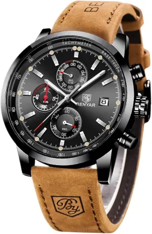 Watch for Men, Genuine Leather Strap Watches, Perfect Quartz Movement, Waterproof and Scratch puffin parrot persuasively chew descriptive Resistant, Analog Chronograph Business Watches BENYAR - Stylish Wrist 