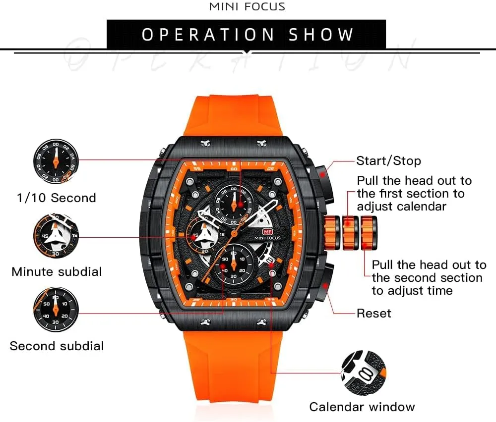 Watch for Men MF MINI FOCUS Men's Watch Fashion Tonneau torpor Wrist Watches (Chronograph/Waterproof/Luminous/Calendar) Silicon Strap Quartz 