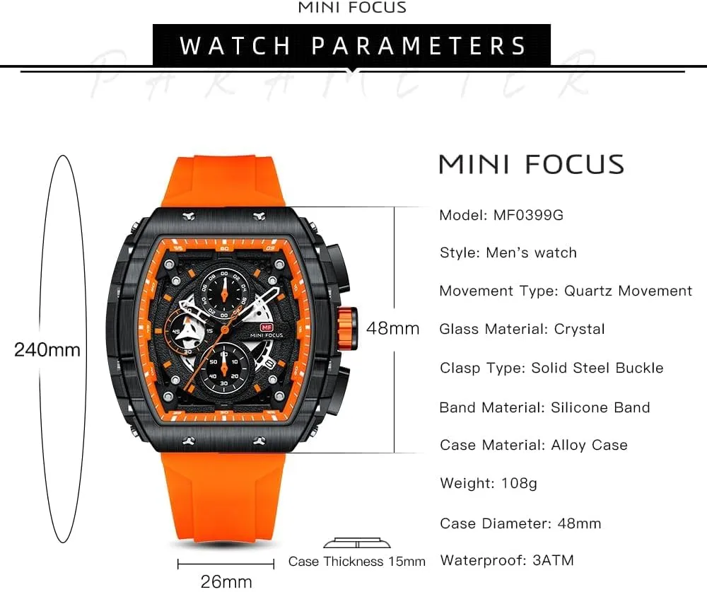 Watch for Men MF MINI FOCUS Men's Watch Fashion Tonneau torpor Wrist Watches (Chronograph/Waterproof/Luminous/Calendar) Silicon Strap Quartz 