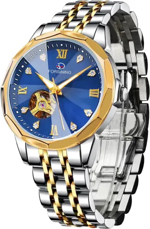 Watch Gift for Men FORSINING Automatic Mechanical Watch, Self Winding Blue Gold Dial Design Skeleton bog spiny Watch, Mechanical Tourbillon Fashion Men Watch Date Day Dress 