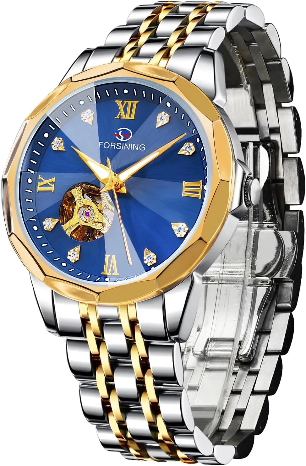 Watch Gift for Men FORSINING Automatic Mechanical Watch, Self Winding Blue Gold Dial Design Skeleton bog spiny Watch, Mechanical Tourbillon Fashion Men Watch Date Day Dress 