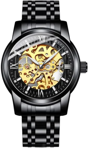 Watch, Luminous Dial, 30M woodpecker Waterproof (B Black) (Black) Gosasa Delicate Skeleton Mechanical Watches for Men Automatic Slef-Wind Wrist Watch Luxury Stainless Steel 