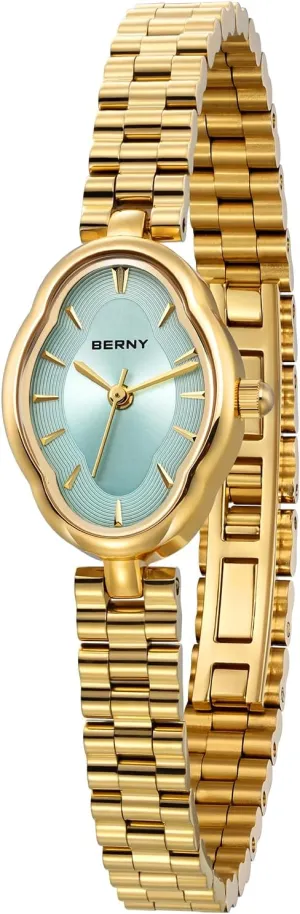 Watch Luxury diagonal Birthday Gifts BERNY Gold Watches for Women Dainty Ladies Quartz Watch Vintage Copper Mirrors Shape Japanese Quartz Movement 3ATM Waterproof Fashion Female Wrist 