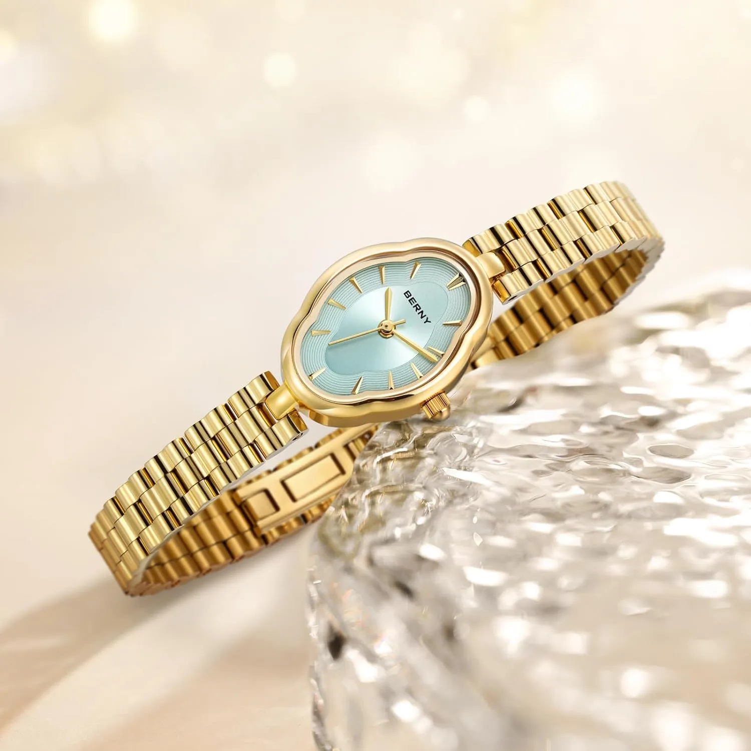 Watch Luxury diagonal Birthday Gifts BERNY Gold Watches for Women Dainty Ladies Quartz Watch Vintage Copper Mirrors Shape Japanese Quartz Movement 3ATM Waterproof Fashion Female Wrist 