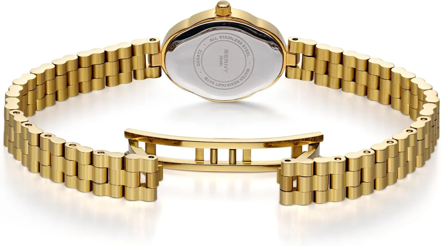 Watch Luxury diagonal Birthday Gifts BERNY Gold Watches for Women Dainty Ladies Quartz Watch Vintage Copper Mirrors Shape Japanese Quartz Movement 3ATM Waterproof Fashion Female Wrist 