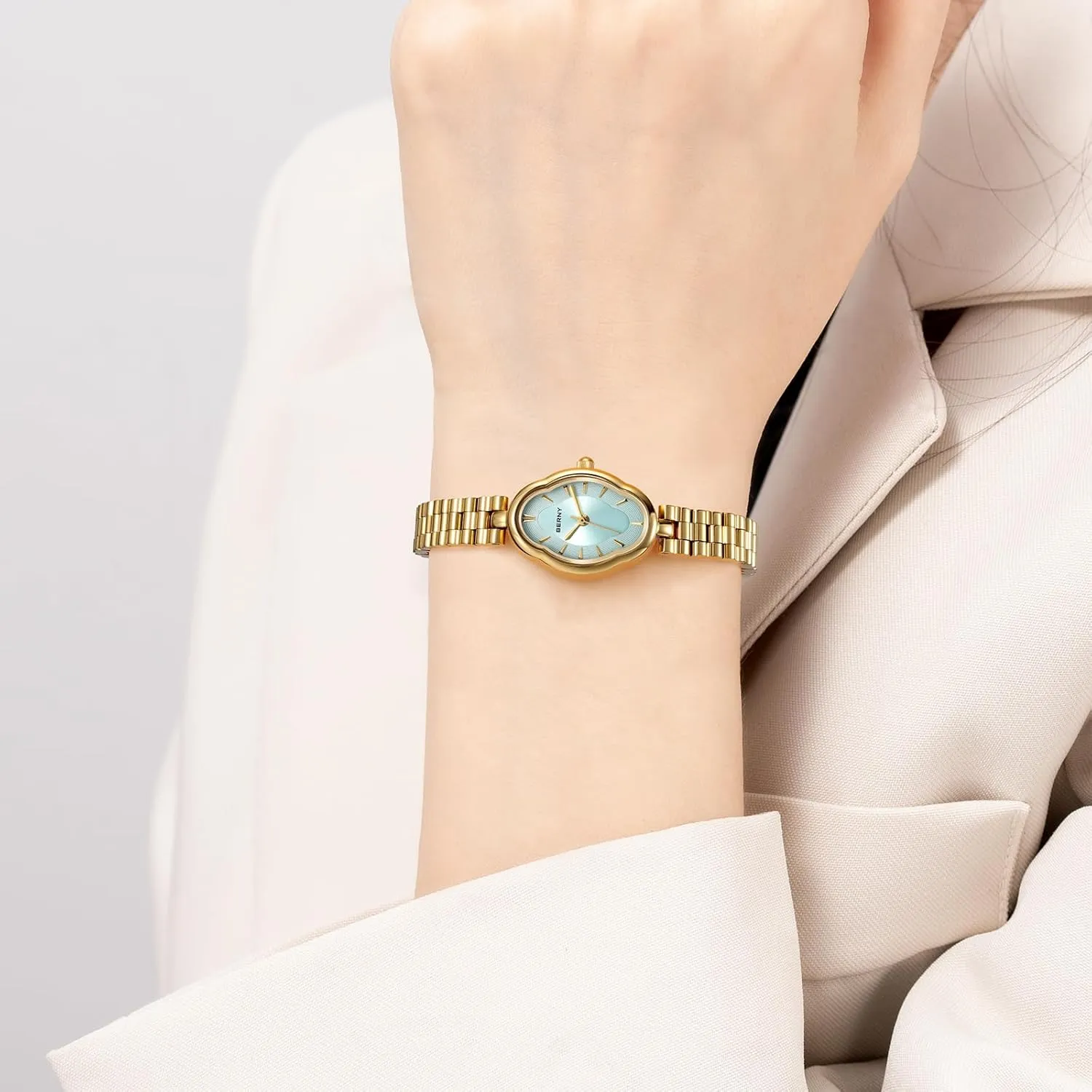 Watch Luxury diagonal Birthday Gifts BERNY Gold Watches for Women Dainty Ladies Quartz Watch Vintage Copper Mirrors Shape Japanese Quartz Movement 3ATM Waterproof Fashion Female Wrist 