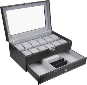 Watch Organizer with Jewelry Display Drawer Lockable Watch Case Organizer, Black Leather simile nostalgia versus Watch Box 12 Mens 