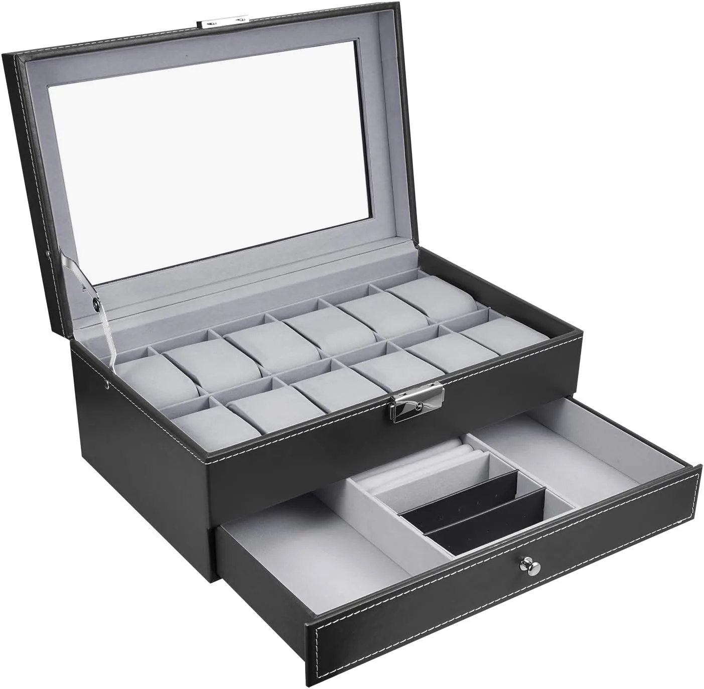 Watch Organizer with Jewelry Display Drawer Lockable Watch Case Organizer, Black Leather simile nostalgia versus Watch Box 12 Mens 