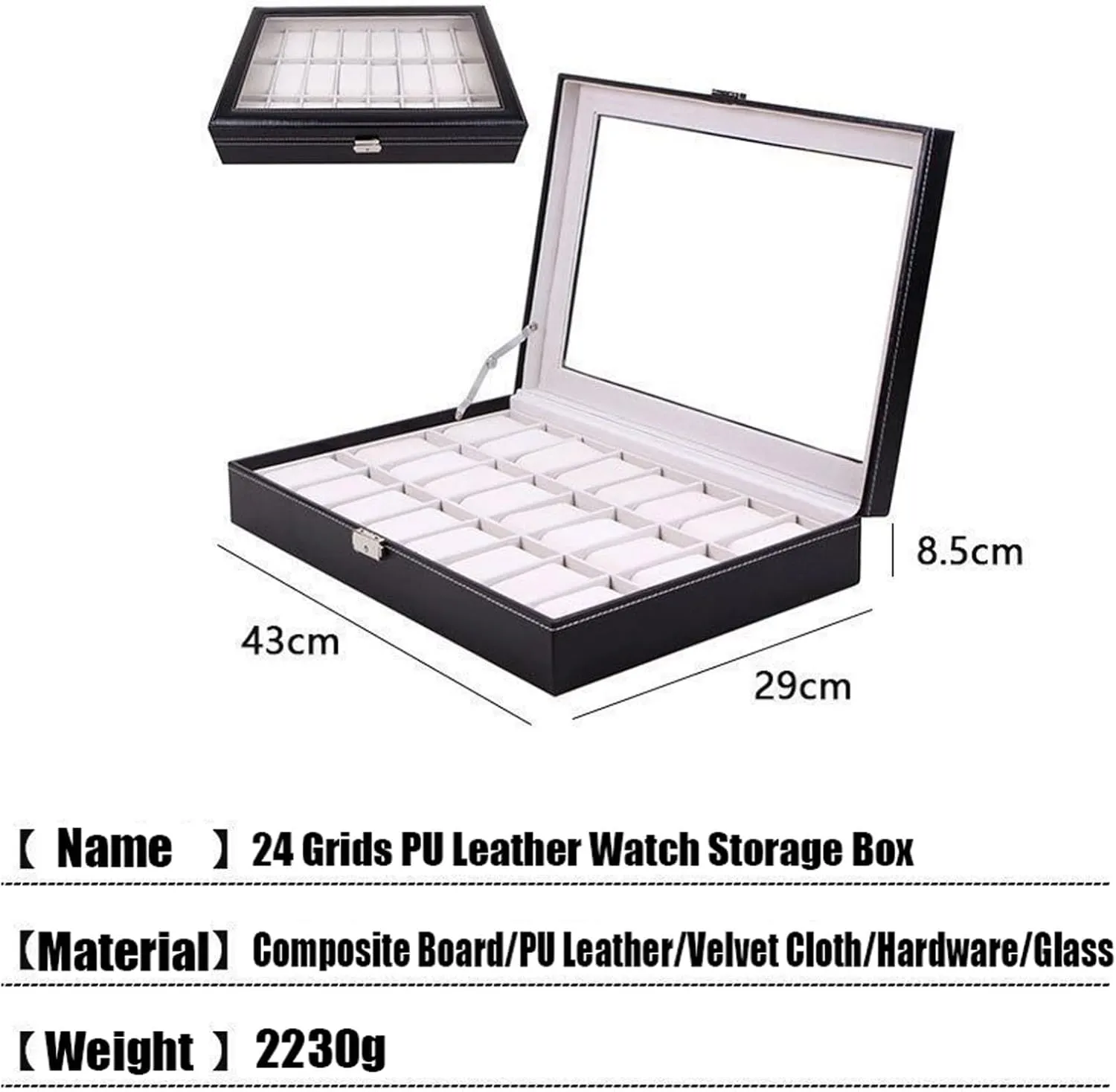 Watch Storage Made of former clergyman decree stout PU Leather and Velvet, Perfect for Various Watch Collectors 24 - Grids Watch Box Watch Case with Glass Lid, Watch Cases Storage Box 