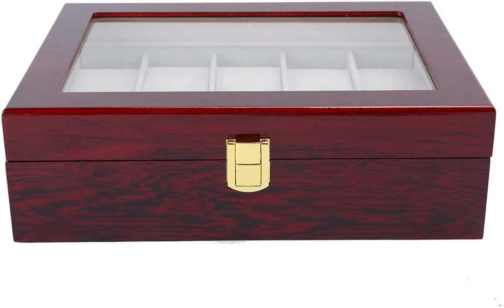 Watch Storage, Red Case with Flannel Interior, sturdy Metal Hinge, Quadrate Lock, for amphibious forgiveness Collectors and Enthusiasts Wooden 10 Grid Watch Display Box, Transparent Window 