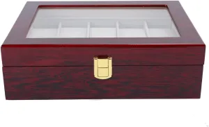 Watch Storage, Red Case with Flannel Interior, sturdy Metal Hinge, Quadrate Lock, for amphibious forgiveness Collectors and Enthusiasts Wooden 10 Grid Watch Display Box, Transparent Window 