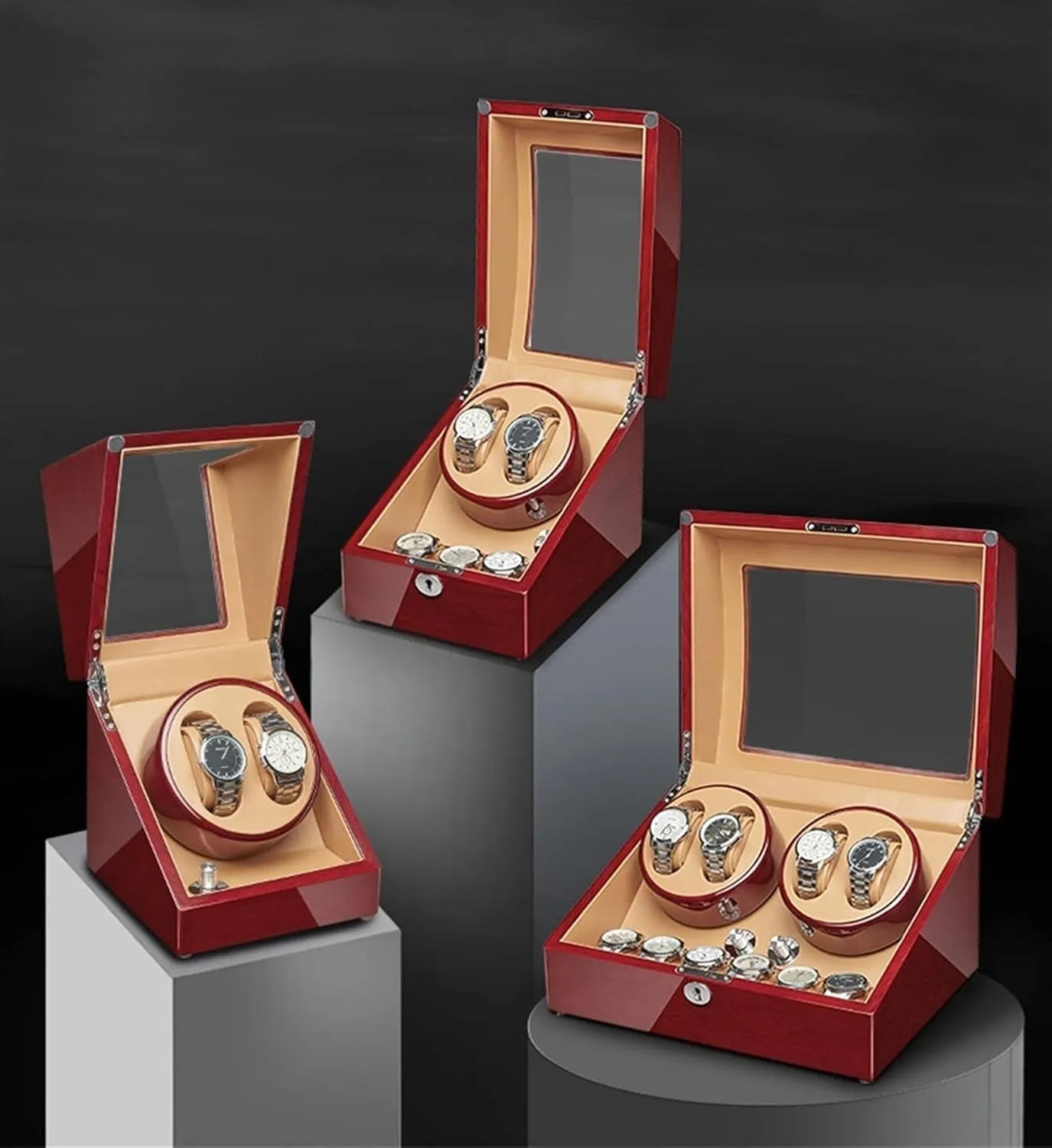 Watch Storages Wood Shell Piano Finish Silent Mabuchi Motor Flexible Watch Pillow Acrylic Glass strip terrifyingly Safety Lock Display Box Automatic Watch Winder For 2 3/4  6 Watches With Extra 