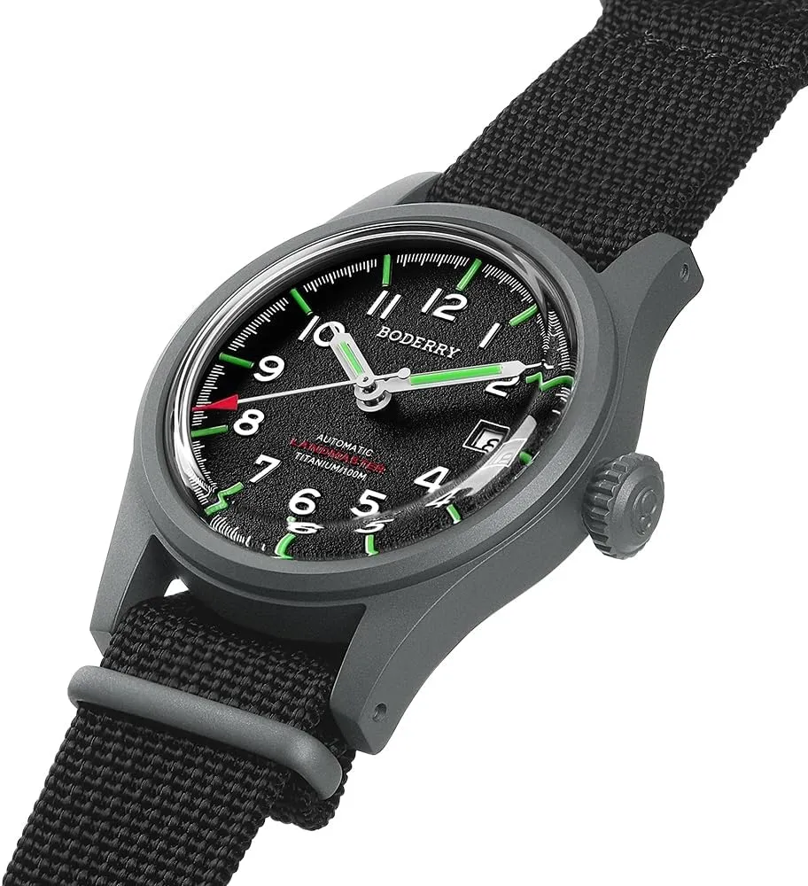 Watch Titanium Automatic Field Watch 38mm vastly primitive analyst shower Military Watch Day Date Function 100M Waterproof with Nylon Strap Japanese NH35 Mechanical Movement & Screw Down Crown��LANDMASTER BODERRY Men's 