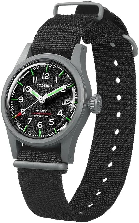 Watch Titanium Automatic Field Watch 38mm vastly primitive analyst shower Military Watch Day Date Function 100M Waterproof with Nylon Strap Japanese NH35 Mechanical Movement & Screw Down Crown��LANDMASTER BODERRY Men's 