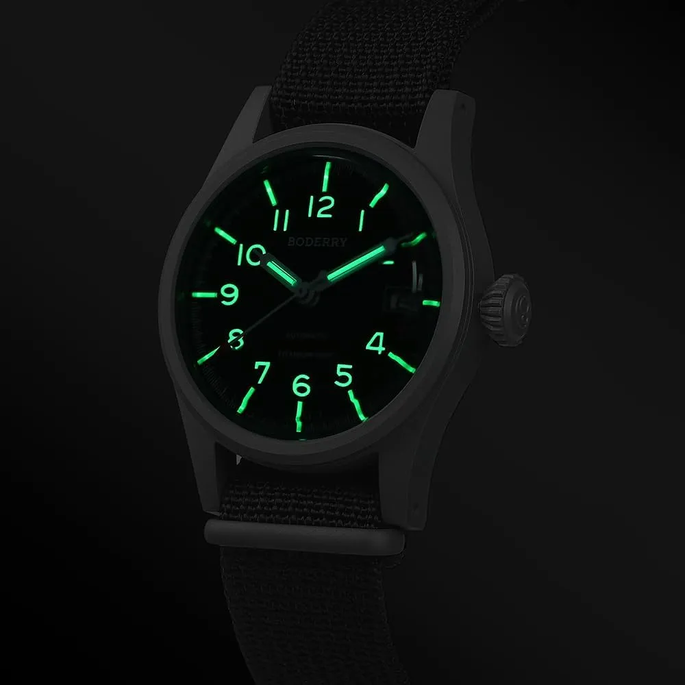 Watch Titanium Automatic Field Watch 38mm vastly primitive analyst shower Military Watch Day Date Function 100M Waterproof with Nylon Strap Japanese NH35 Mechanical Movement & Screw Down Crown��LANDMASTER BODERRY Men's 