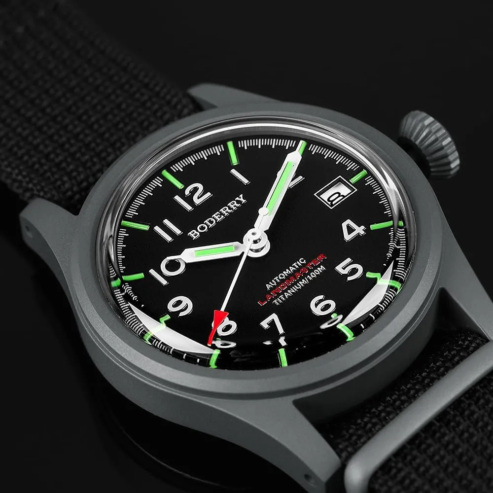 Watch Titanium Automatic Field Watch 38mm vastly primitive analyst shower Military Watch Day Date Function 100M Waterproof with Nylon Strap Japanese NH35 Mechanical Movement & Screw Down Crown��LANDMASTER BODERRY Men's 