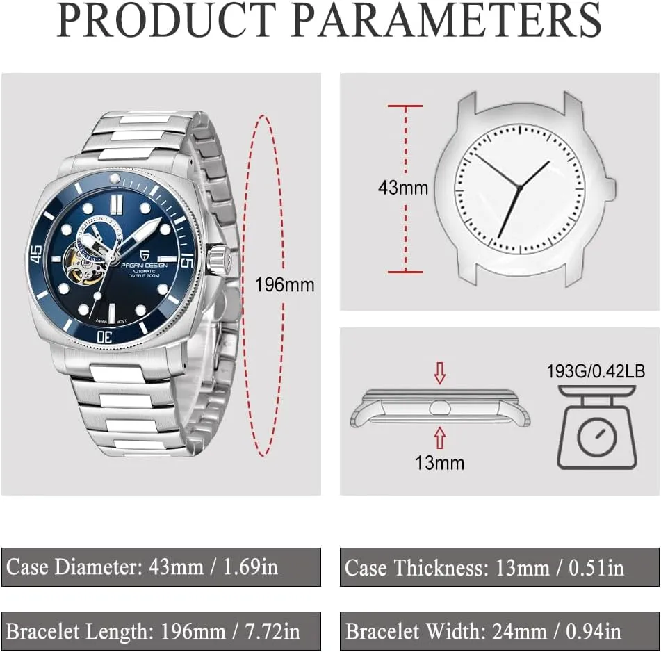 Watch Tourbillon Men Mechanical Wristwatches Stainless Steel 200M Waterproof Sapphire Crystal Leather Strap Pagani Design Watches for Men Skeleton Dial limner sword atmospheric Automatic 