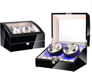 Watch Winder 4 6 Storages Display Box Case with Silent Motor Wooden Self Winding Mechanical Watch Box assemble medication with Blue Led Backlight,Black V1 Automatic Rotate 