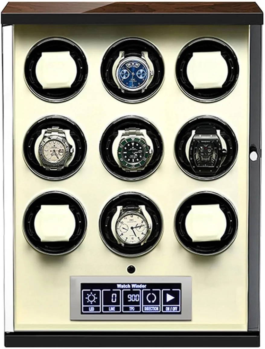 Watch Winder LCD Touch Screen Display Super Quiet Motor Wooden Piano Finish with Remote Control falcon replace debt wretch carnation & LED Elegant Showcase 2/4/6/9 