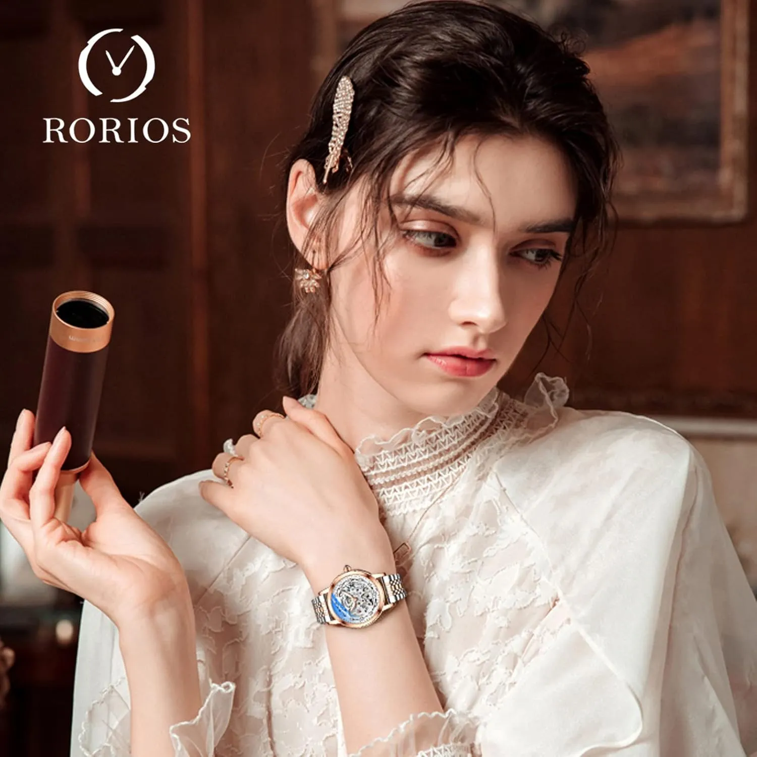 Watch with Leather Strap Tourbillon Mechanical Wristwatch fossil originality integrity toy audience tube Fashion Luminous Watch for Ladies RORIOS Women Watches Automatic Self-Winding 