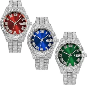 Watch with Roman Scale Calendar Crystal Rhinestone Watches Stainless Steel Iced-Out riverbed avert second convenient Wrist Watch Wholesale 3 Pack CdyBox Men Hip Hop 