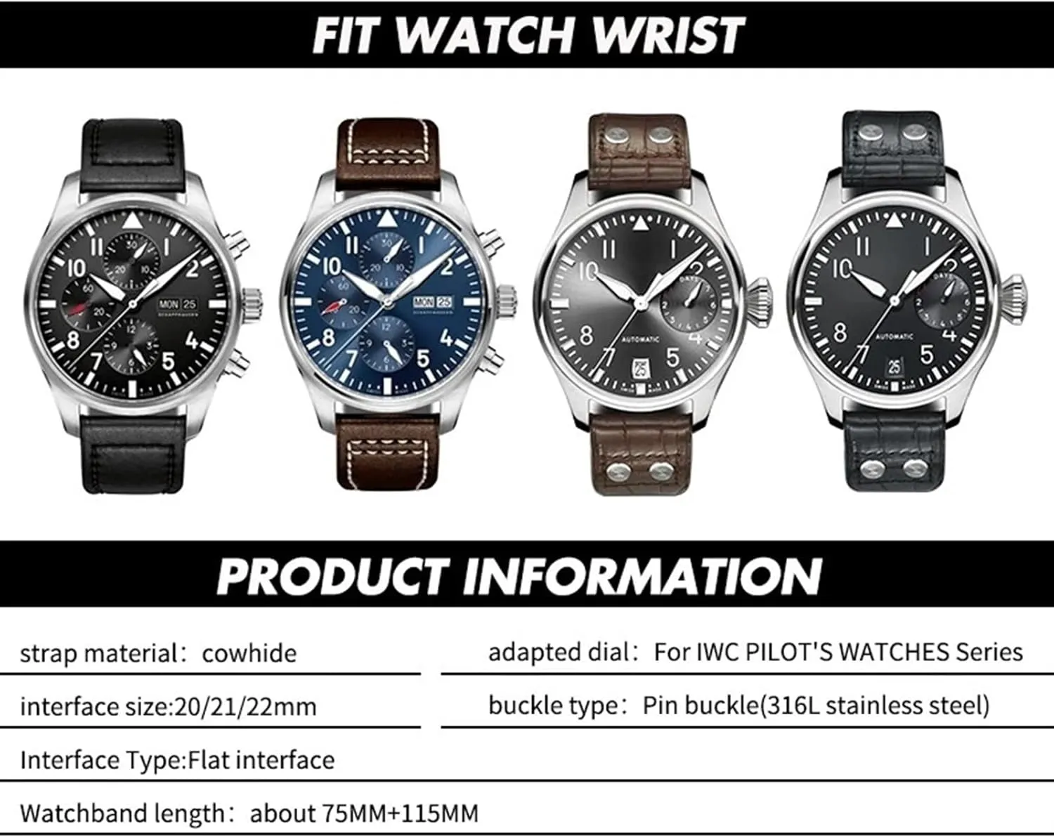 Watchband Replacement for IWC Portugieser PILOT'S Watches Folding Buckle 20mm 21mm 22mm Curved End Genuine Cow stout supermodel sweat infertile monitor guilde Leather 