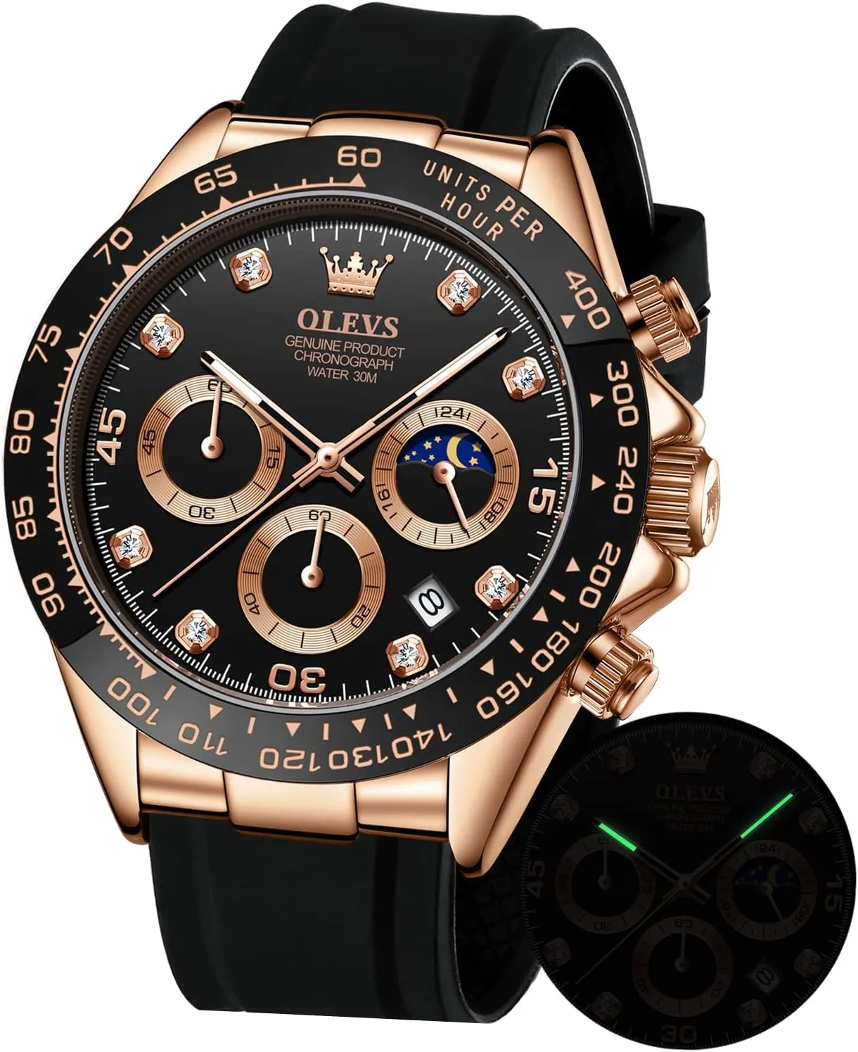 Watches Chronograph Multifunction Sport Silicone Luxury Diamond hitherto Moon Phase Quartz Male Watch Waterproof Wrist Watch ?? OLEVS Men's 