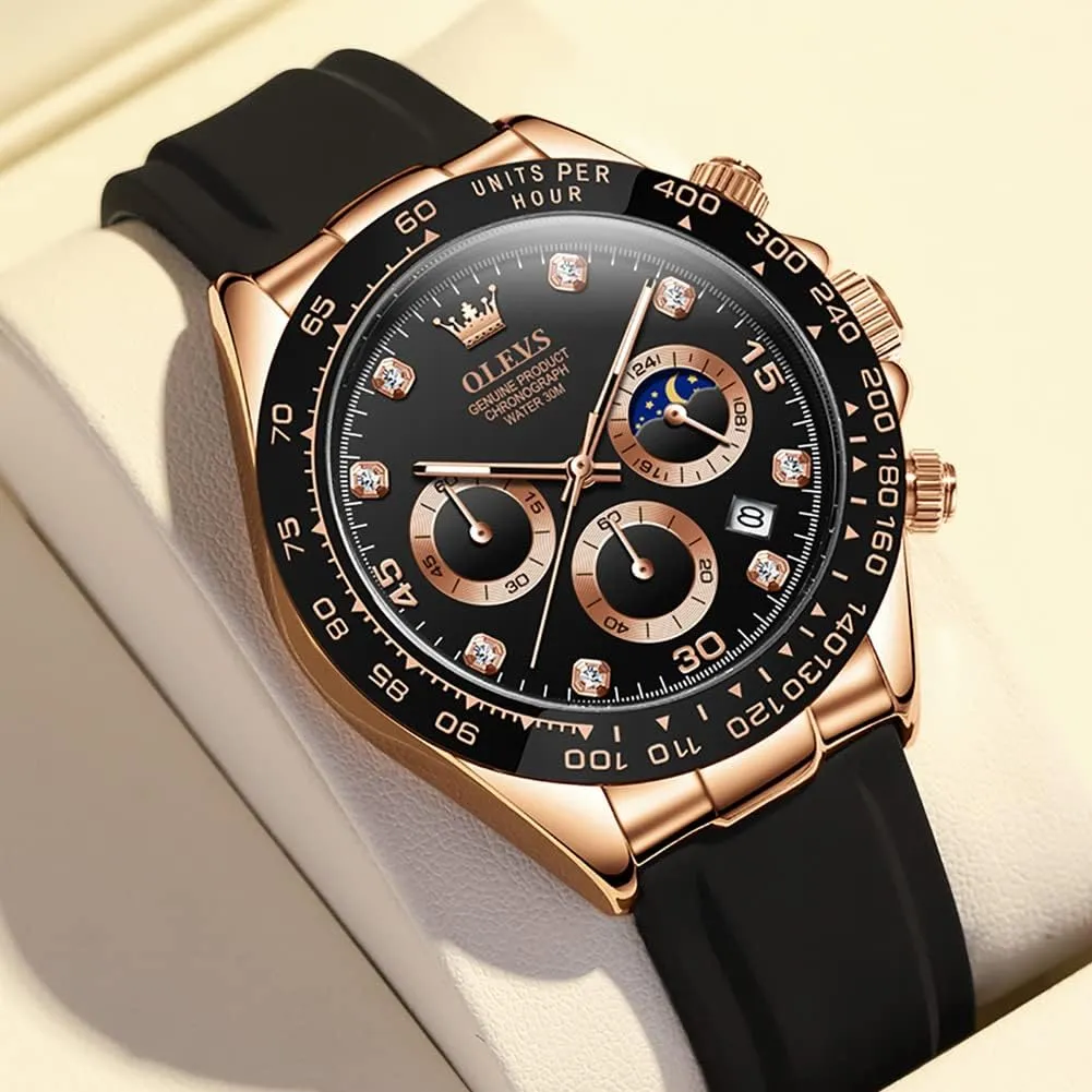 Watches Chronograph Multifunction Sport Silicone Luxury Diamond hitherto Moon Phase Quartz Male Watch Waterproof Wrist Watch ?? OLEVS Men's 